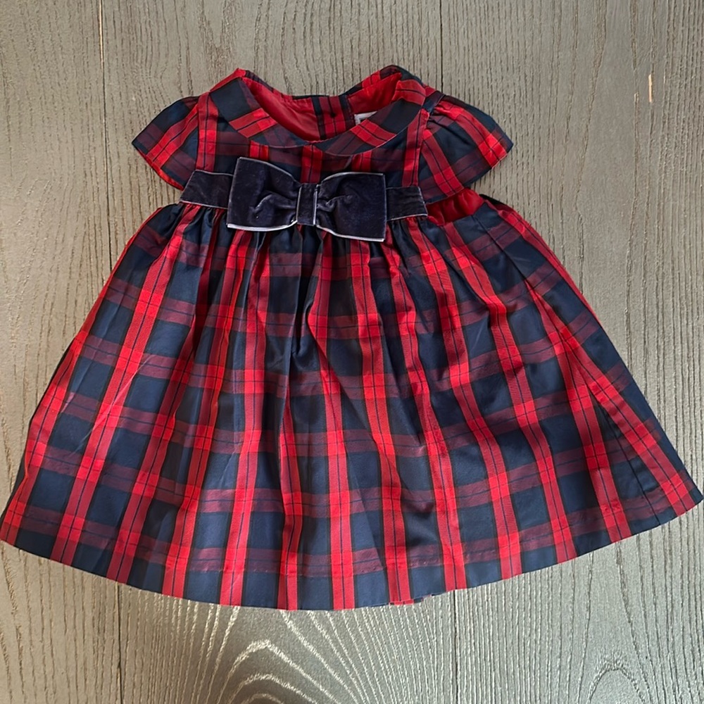 Janie and Jack Red & Blue Plaid Velvet Bow Dress Size 3-6 Months